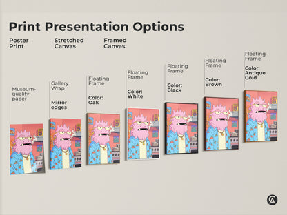 Print presentation options showcasing various formats of the quirky pink monster artwork. Choose from poster print stretched canvas or framed canvas. These surreal character prints are perfect for eclectic home decor and unique art gifts.