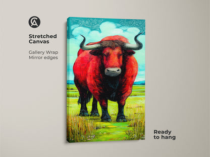 This is a stretched canvas of a red bull against a bright landscape. Gallery wrapped with mirrored edges makes it ready to hang. The animal artwork would be a bold statement piece for eclectic home decor. This canvas is a great gift for bull owners.