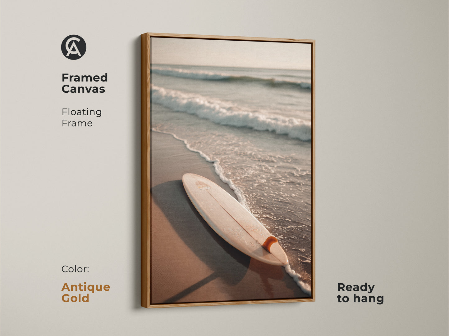 Antique gold framed canvas art featuring a surfboard on the beach. The antique gold frame adds a touch of vintage charm. Ready to hang this elegant artwork enhances your home decor. Perfect for adding a touch of coastal luxury. Explore this unique and stylish framed art.