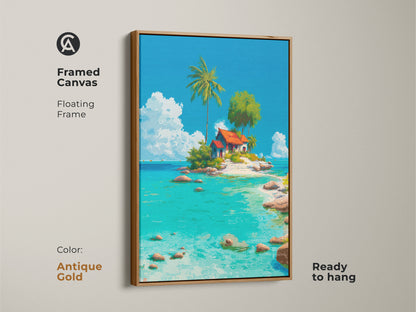 Framed canvas artwork with an antique gold floating frame featuring a tropical island scene with a cozy house tall palm tree and clear turquoise water. Ready to hang this framed art adds a touch of elegance to your decor. The antique gold frame enhances the tropical ambiance.