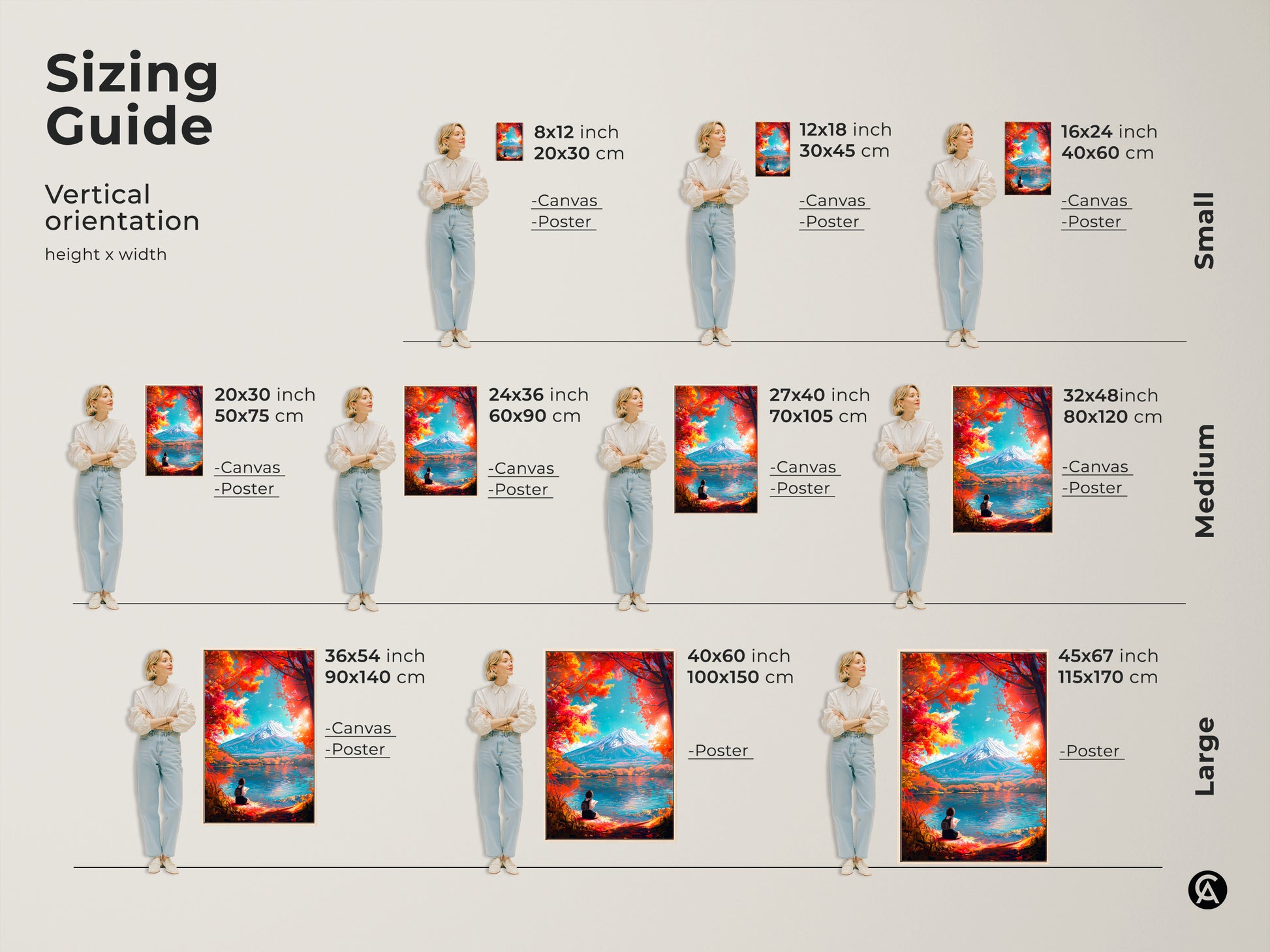 Sizing guide showing the various vertical orientation canvas and poster sizes. The artwork is of Mount Fuji with a girl reading. Find the perfect size to complement your living space. Shop now and transform your home.