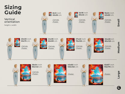 Sizing guide showing the various vertical orientation canvas and poster sizes. The artwork is of Mount Fuji with a girl reading. Find the perfect size to complement your living space. Shop now and transform your home.