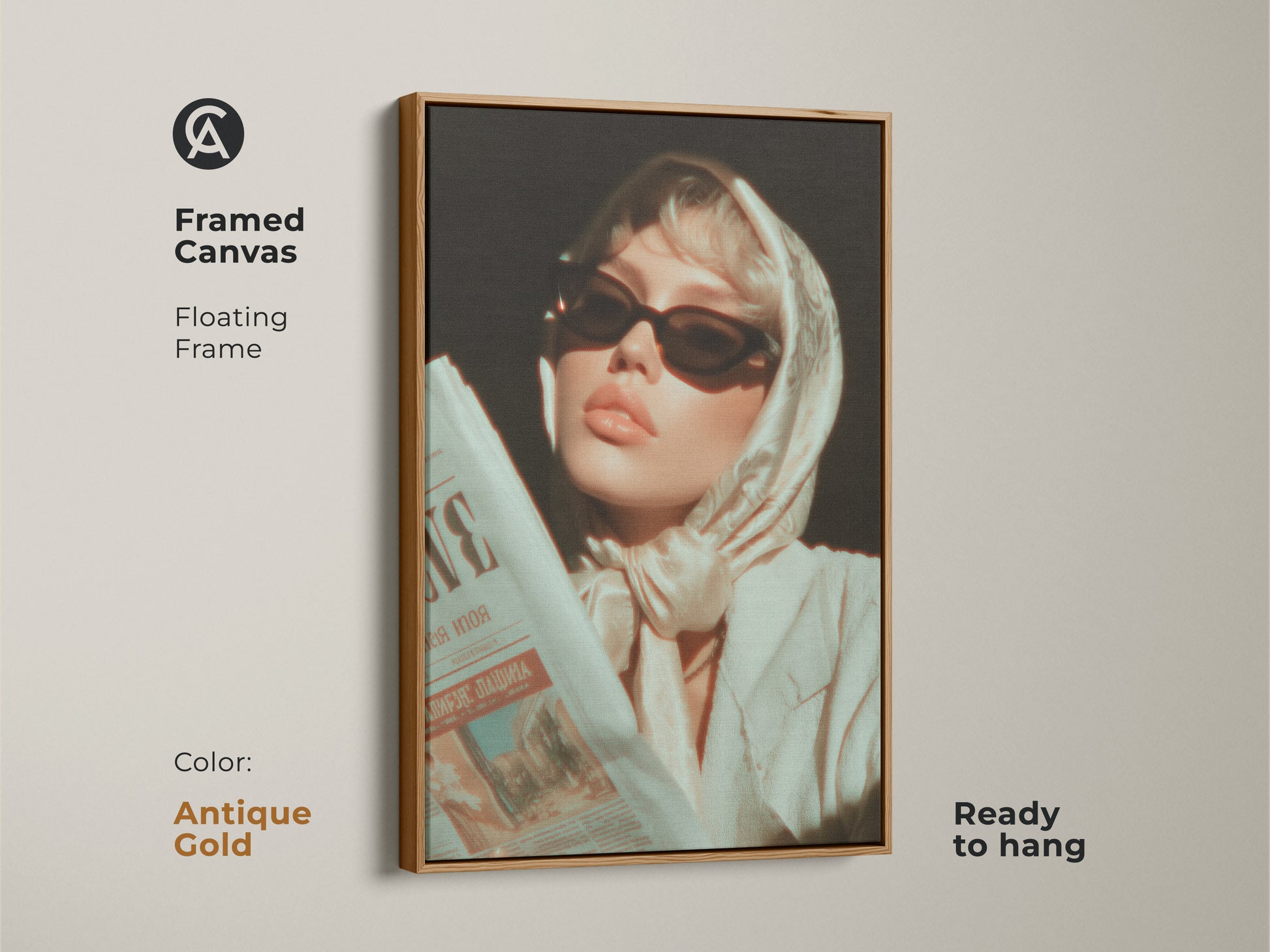 Framed Canvas of a Retro Glamour Woman Portrait.  This fashion artwork has a floating frame in antique gold. Ready to hang.  This eclectic home decor adds vintage charm. The canvas print is wall art for fashion lovers.