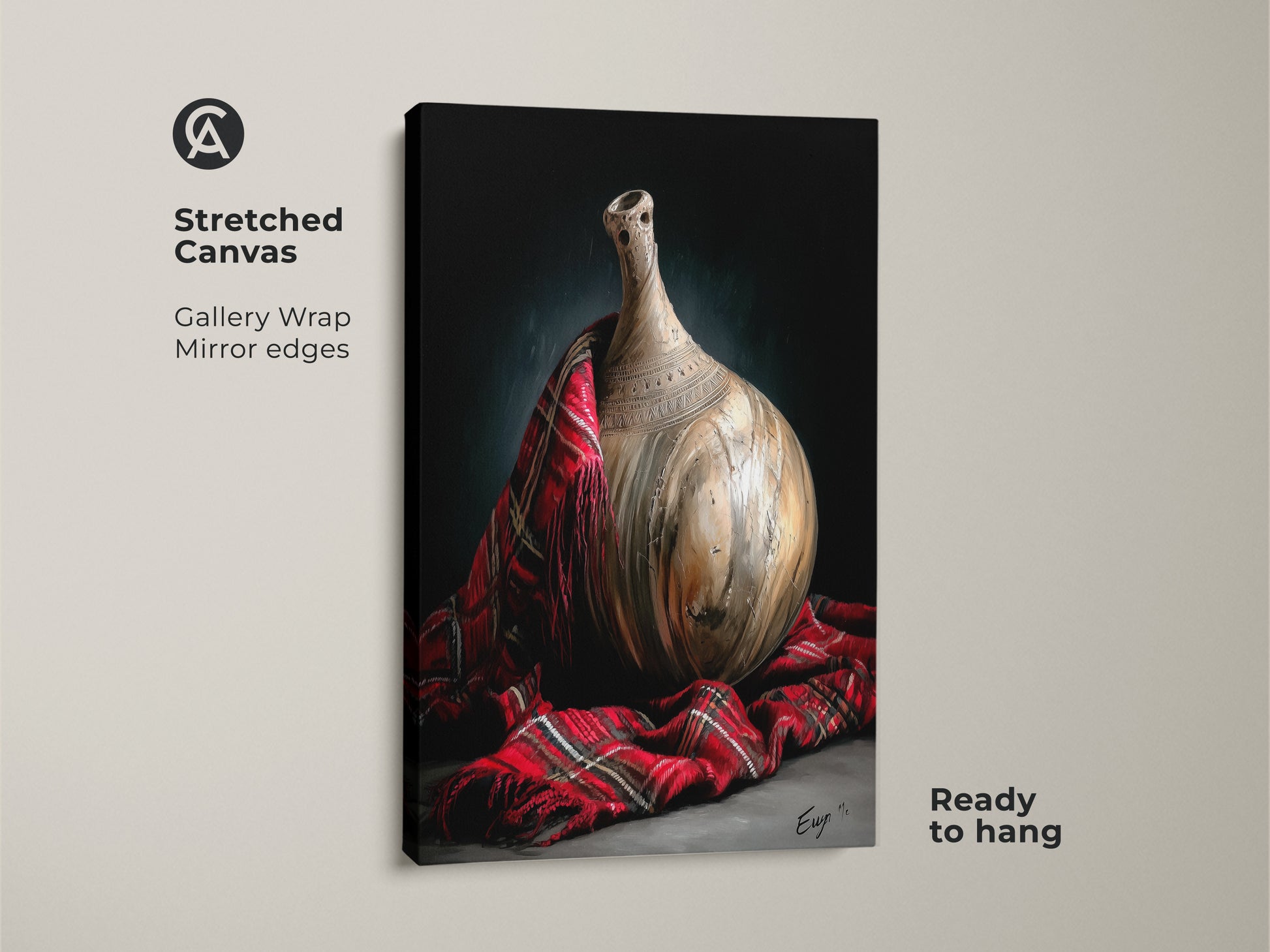 This stretched canvas print features a realistic still life of a pottery vase and red plaid fabric. Gallery wrapped with mirrored edges this eclectic home decor art is ready to hang add vintage charm to your living space.