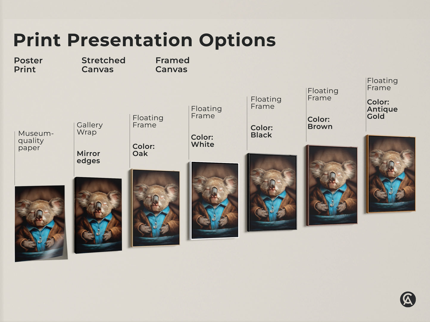 Print presentation options featuring a sleeping koala art. Choose from poster prints to stretched canvas and framed options. Each showcases the realistic animal artwork. Options include floating frames in black brown oak and white. Find the perfect piece to add eclectic charm to your nursery or home decor. Gift ideas for new parents.