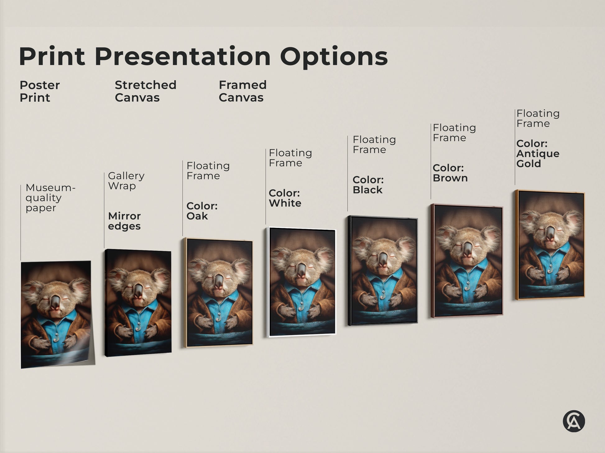 Print presentation options featuring a sleeping koala art. Choose from poster prints to stretched canvas and framed options. Each showcases the realistic animal artwork. Options include floating frames in black brown oak and white. Find the perfect piece to add eclectic charm to your nursery or home decor. Gift ideas for new parents.