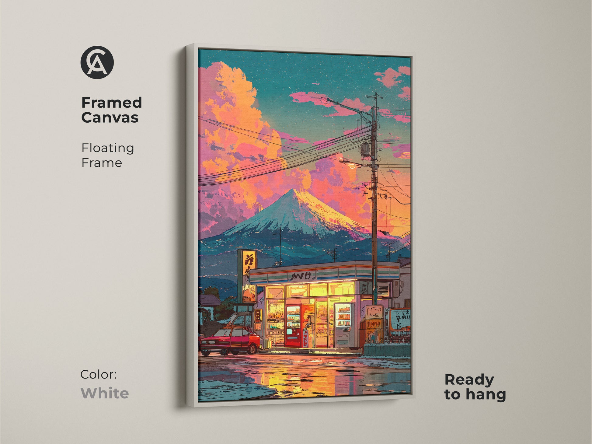 Framed canvas art featuring a Japanese convenience store and Mount Fuji. The floating frame adds elegance to this art piece. Ready to hang in a white frame. Ideal for adding a touch of Japanese culture to your decor. Perfect for art enthusiasts and collectors.