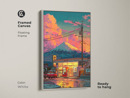Framed canvas art featuring a Japanese convenience store and Mount Fuji. The floating frame adds elegance to this art piece. Ready to hang in a white frame. Ideal for adding a touch of Japanese culture to your decor. Perfect for art enthusiasts and collectors.