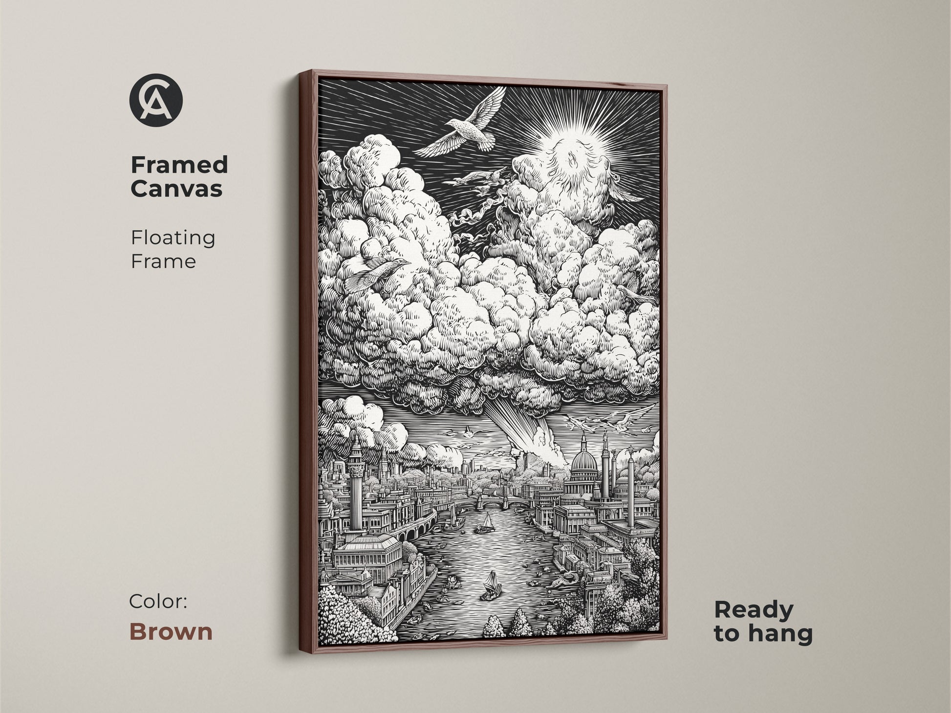 Framed canvas artwork showcasing a detailed London cityscape. The Thames River runs beneath detailed buildings. Above are clouds and a radiant sun. This brown framed canvas is ready to hang. It brings classic art to your walls.