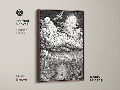 Framed canvas artwork showcasing a detailed London cityscape. The Thames River runs beneath detailed buildings. Above are clouds and a radiant sun. This brown framed canvas is ready to hang. It brings classic art to your walls.