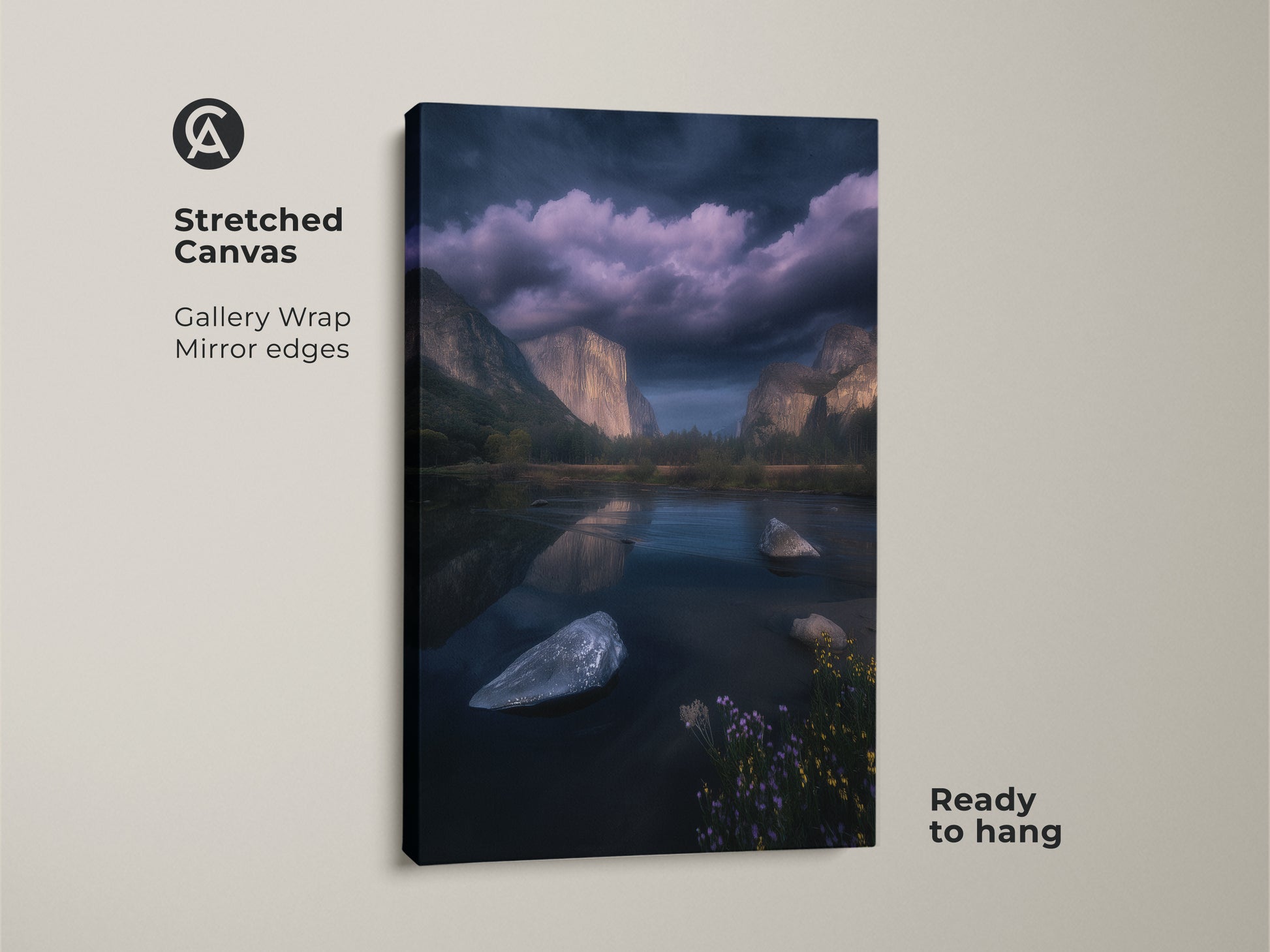 Stretched Canvas of El Capitan and Merced River Yosemite. Dark blue mountain landscape gallery wrap canvas art. The mirror edges and ready-to-hang feature make it perfect for contemporary home decor. This Photorealistic nature artwork is ideal for outdoor adventure enthusiasts.