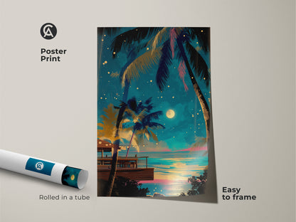Poster Print of a tropical night scene with palm trees and a golden ocean view. Rolled in a tube this boho beach wall art is easy to frame. The deep blue and teal hues make it perfect for coastal wall decor.