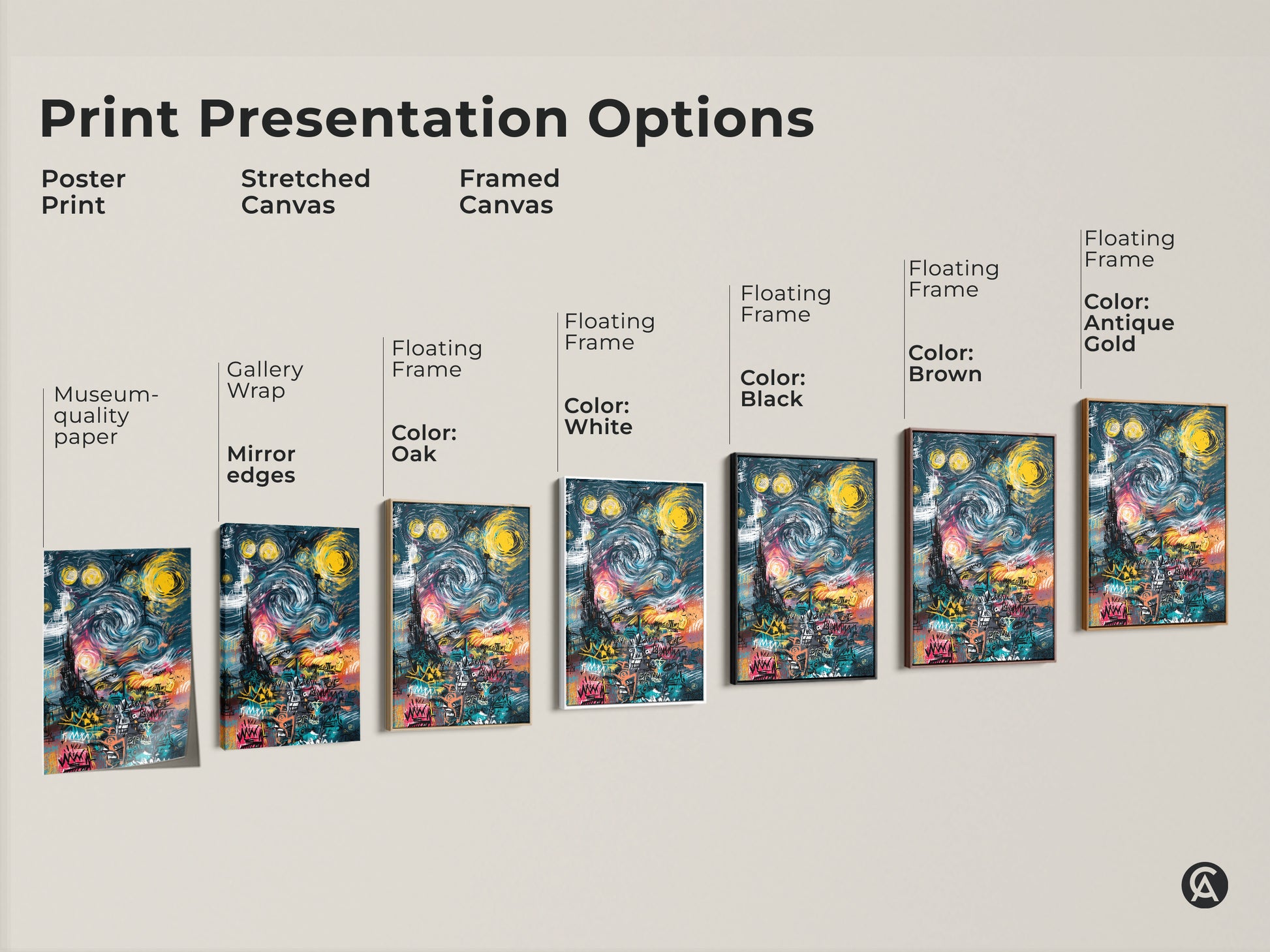 Print presentation options for Graffiti Style Starry Night Artwork. Choose from poster prints stretched canvas and framed canvas options. Various frame colors are available including Black Brown Antique Gold Oak and White.
