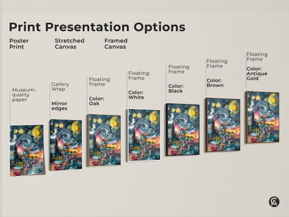 Print presentation options for Graffiti Style Starry Night Artwork. Choose from poster prints stretched canvas and framed canvas options. Various frame colors are available including Black Brown Antique Gold Oak and White.