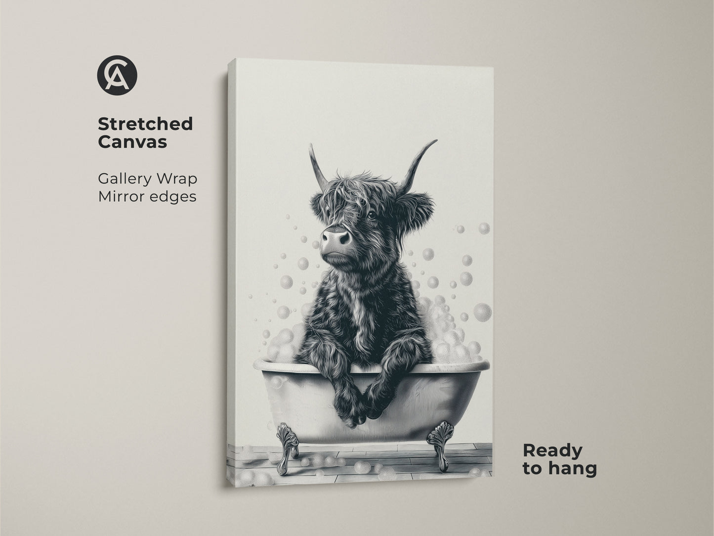 Stretched canvas print of a Highland cow enjoying a bath. The gallery wrap and mirror edges give it a modern look. Ready to hang this black and white animal artwork adds character to your home. Ideal farmhouse bathroom decor. A funny sketch for cow lovers.