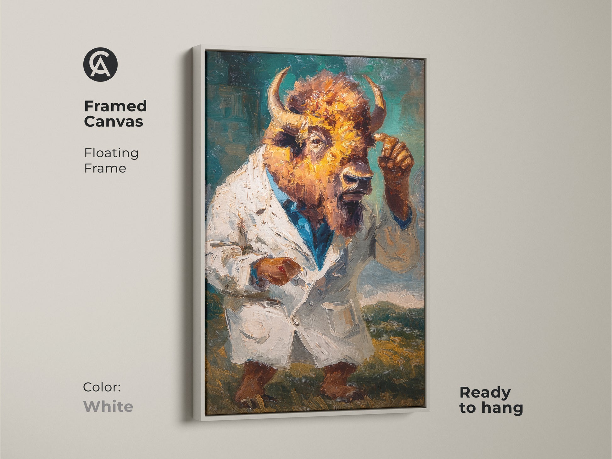 Framed canvas featuring a buffalo head figure in a lab coat. The white floating frame offers a clean modern look. This artwork is ready to hang. It is a unique and eye-catching piece of art.