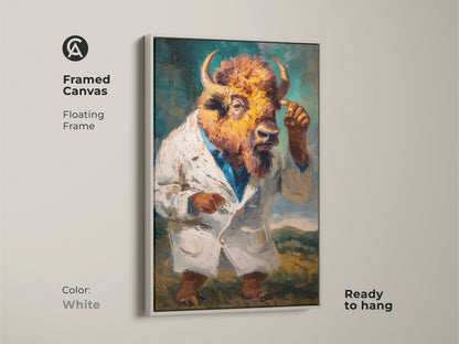 Framed canvas featuring a buffalo head figure in a lab coat. The white floating frame offers a clean modern look. This artwork is ready to hang. It is a unique and eye-catching piece of art.
