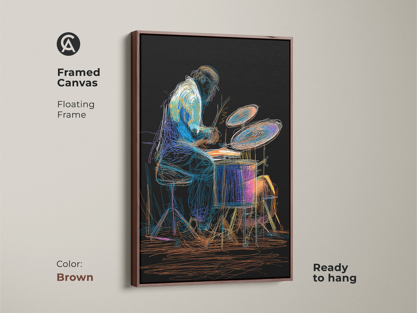 This framed canvas art features an abstract drummer in action with a brown floating frame ready to hang. Its eclectic style brings musical passion to any space perfect as a musician gift for home studio decor