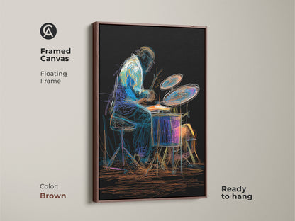 This framed canvas art features an abstract drummer in action with a brown floating frame ready to hang. Its eclectic style brings musical passion to any space perfect as a musician gift for home studio decor