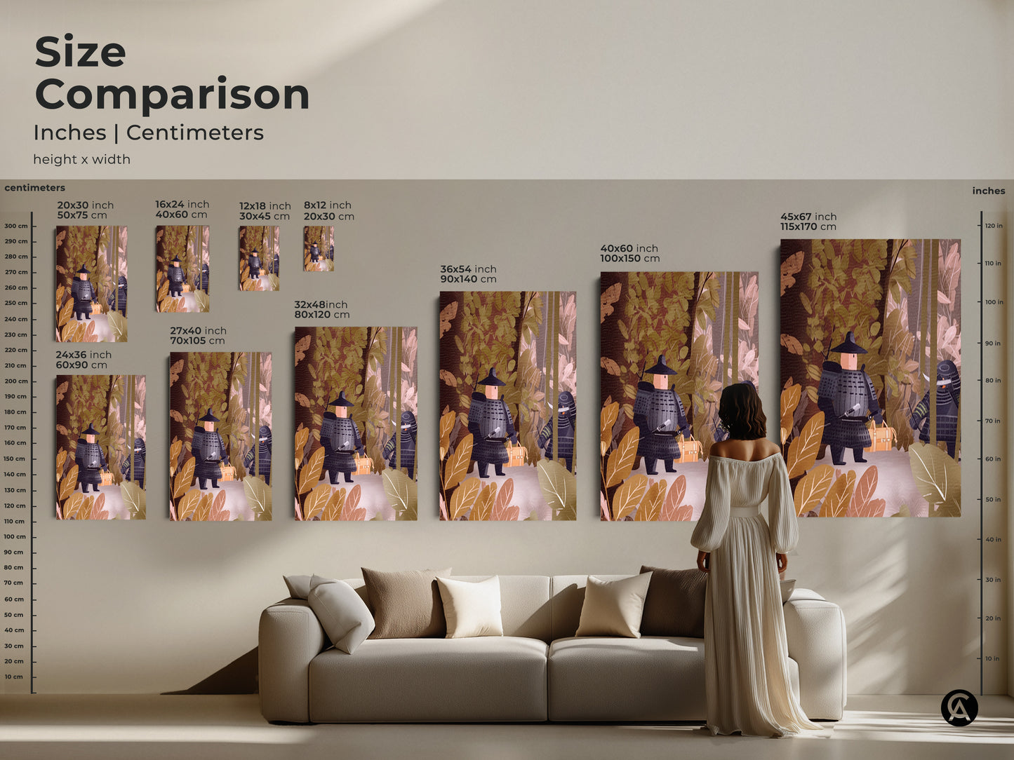 Size comparison for samurai warrior canvas art. See how the artwork fits above a sofa. Options range from small to large sizes. It adds a cultural touch to any living space. Perfect for a modern home.