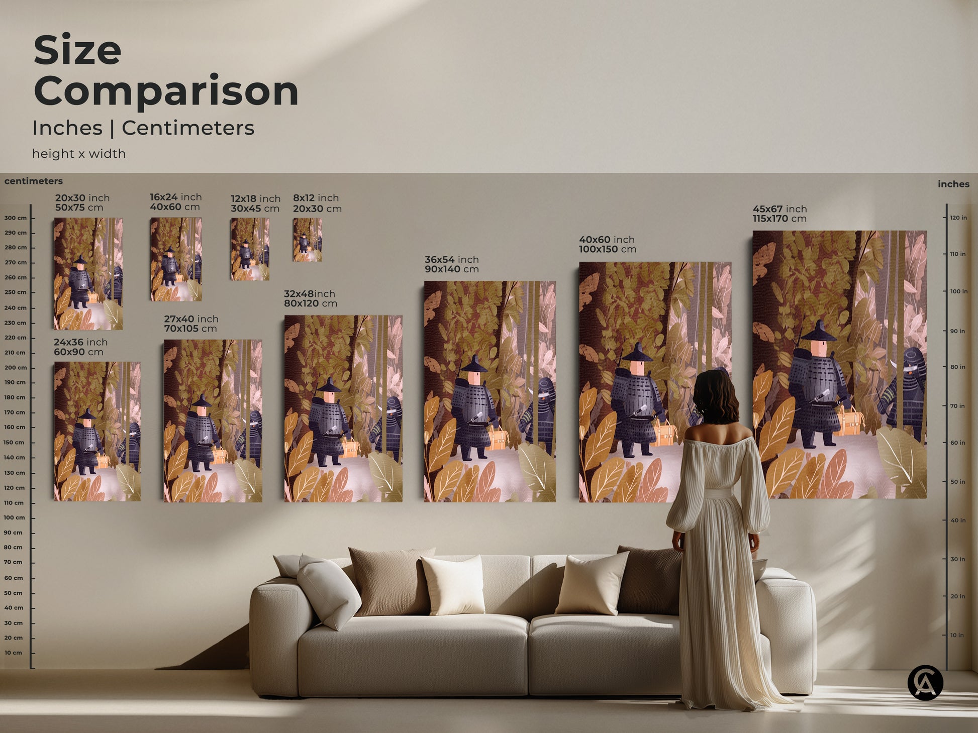 Size comparison for samurai warrior canvas art. See how the artwork fits above a sofa. Options range from small to large sizes. It adds a cultural touch to any living space. Perfect for a modern home.