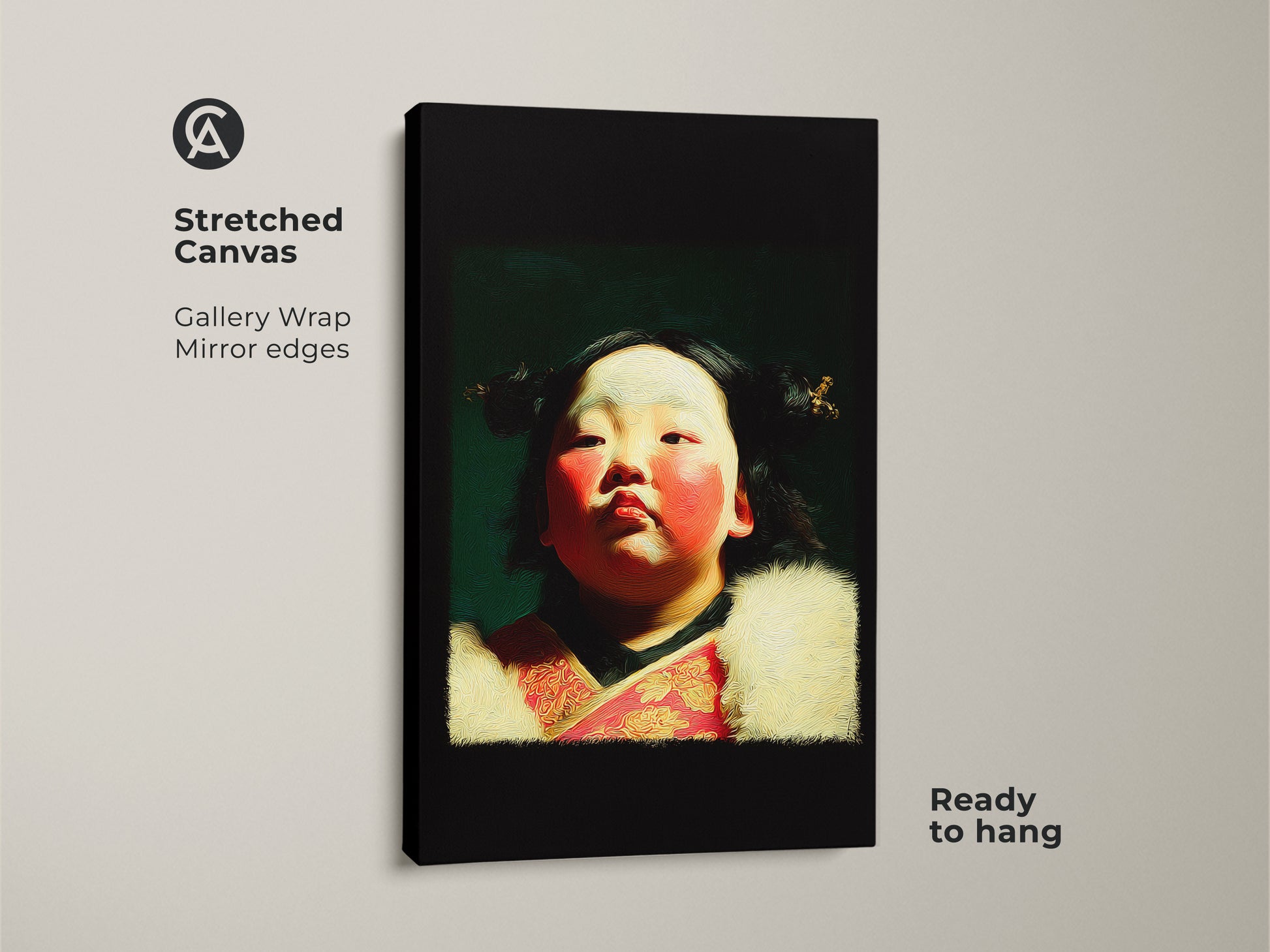 Stretched canvas of a cultural child portrait oil painting style art print. The artwork features a child in traditional attire with red and gold accents. Ready to hang. This is a unique gift for family.