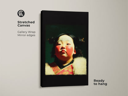 Stretched canvas of a cultural child portrait oil painting style art print. The artwork features a child in traditional attire with red and gold accents. Ready to hang. This is a unique gift for family.