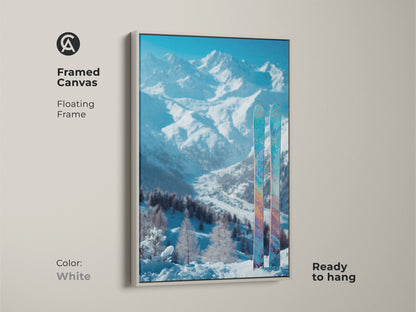 Framed canvas artwork with a white floating frame. It shows a snowy mountain landscape. Two skis add a pop of color. Ready to hang and easy to coordinate with any interior. This winter scene is a beautiful addition to your wall decor. The white frame offers a clean look.