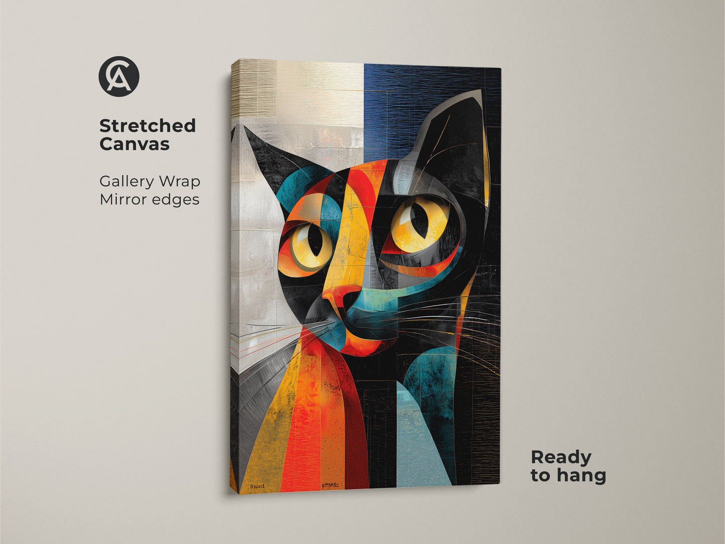 Stretched canvas featuring a cubist abstract cat artwork. The geometric feline art has a gallery wrap and mirrored edges. Ready to hang this modern animal canvas print adds artistic flair. The yellow and teal cat artwork makes a stylish addition to any home decor.