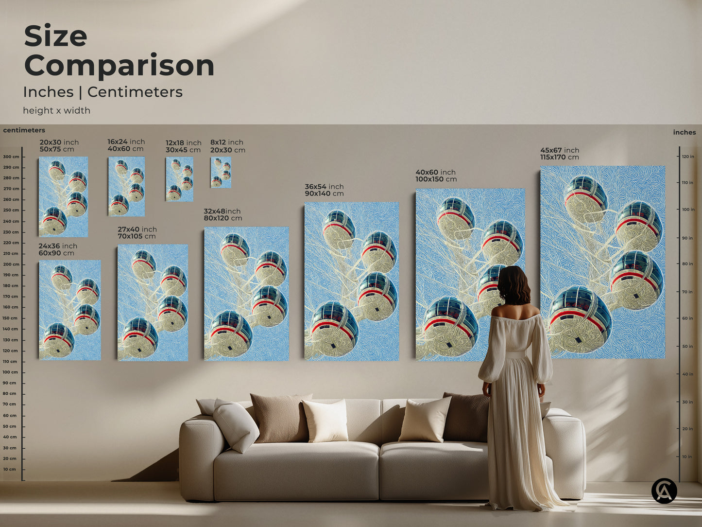 Visualize the size comparison of our London Eye art print in inches and centimeters. This modern city view looks stunning above a couch in a living room setting. Perfect for adding a touch of travel themed decor to your home.