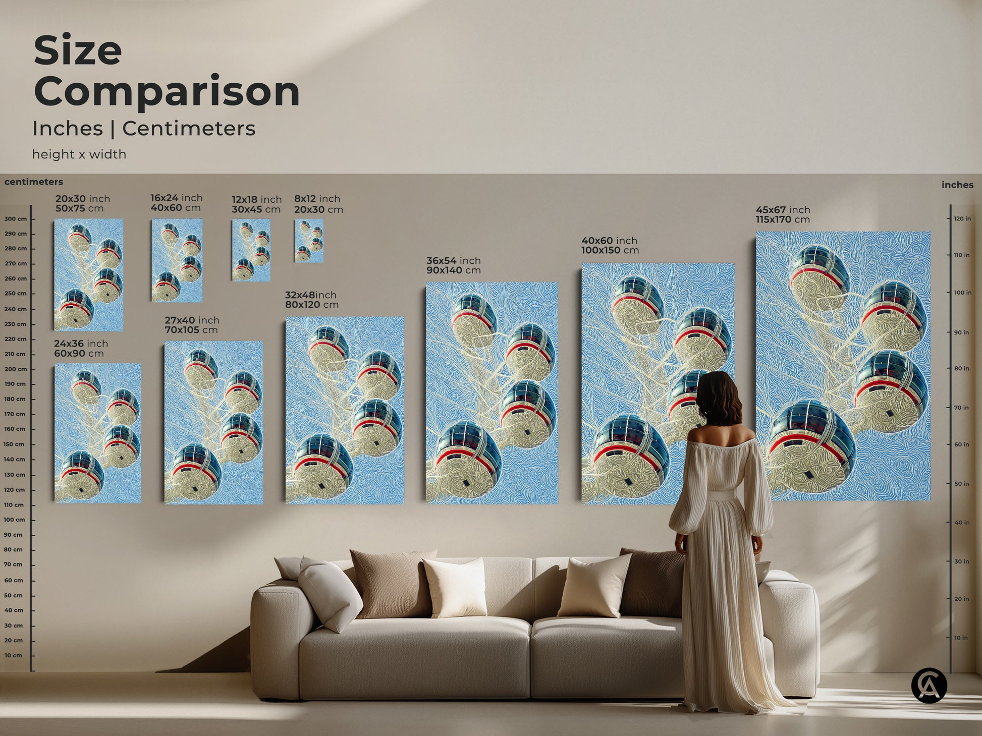 Visualize the size comparison of our London Eye art print in inches and centimeters. This modern city view looks stunning above a couch in a living room setting. Perfect for adding a touch of travel themed decor to your home.
