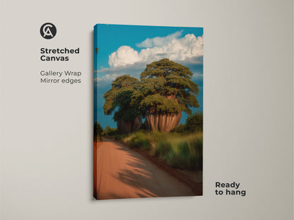 Stretched canvas print of baobab trees in an African landscape. This gallery wrapped art features mirror edges making it ready to hang. A realistic nature artwork with a boho vibe. Ideal for home decor or as a gift for nature lovers.