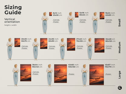 Explore the Sizing Guide for the Egypt Pyramids Camel Sunset artwork. Vertical orientations range from small to large. Envision this travel themed decor in various sizes as canvas or poster print. The landscape wall hanging will transform your entry hall. Perfect housewarming gift idea.