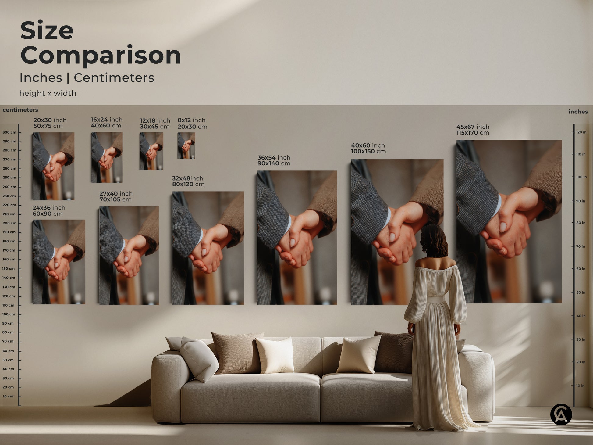 Size comparison of handshake artwork in inches and centimeters. Canvas and poster prints are displayed in a living room setting above a couch. This business partnership art is perfect for any office. Choose the ideal size for your corporate success artwork.
