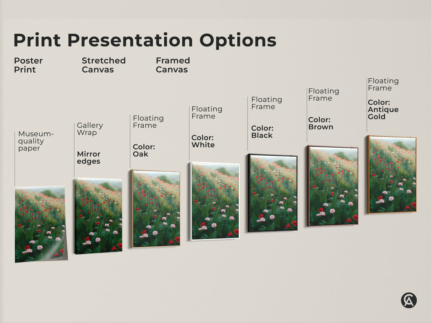 Print presentation options showcasing poster prints stretched canvas and framed canvas. The red poppy art and wildflower fields are beautifully displayed. The art brings botanical charm to your home decor.