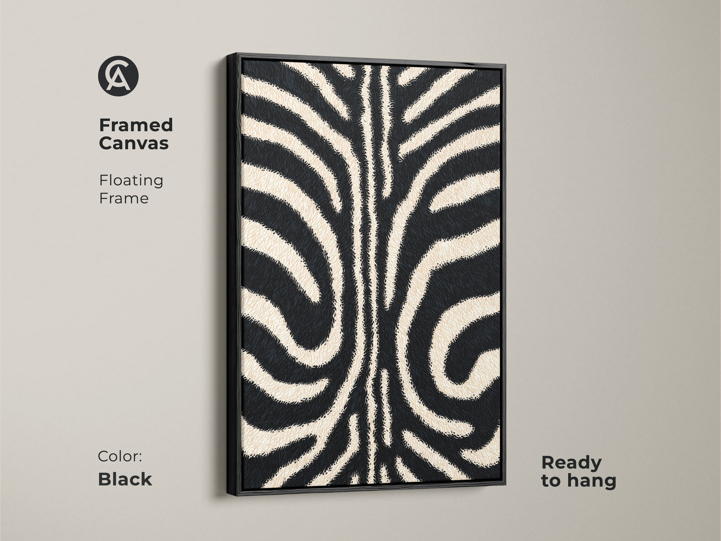 Framed canvas featuring a black floating frame. This modern zebra art print adds elegance. The minimalist animal canvas art is ready to hang. Ideal for a contemporary home or office.