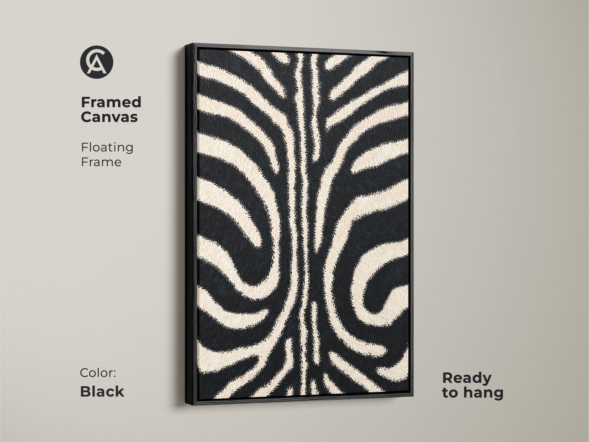 Framed canvas featuring a black floating frame. This modern zebra art print adds elegance. The minimalist animal canvas art is ready to hang. Ideal for a contemporary home or office.