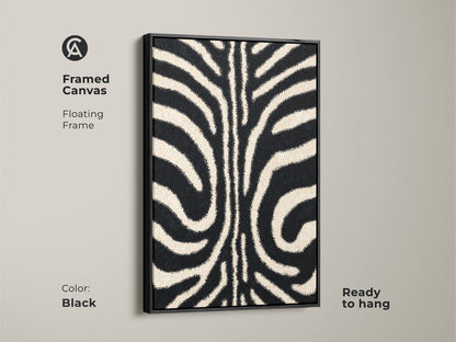 Framed canvas featuring a black floating frame. This modern zebra art print adds elegance. The minimalist animal canvas art is ready to hang. Ideal for a contemporary home or office.