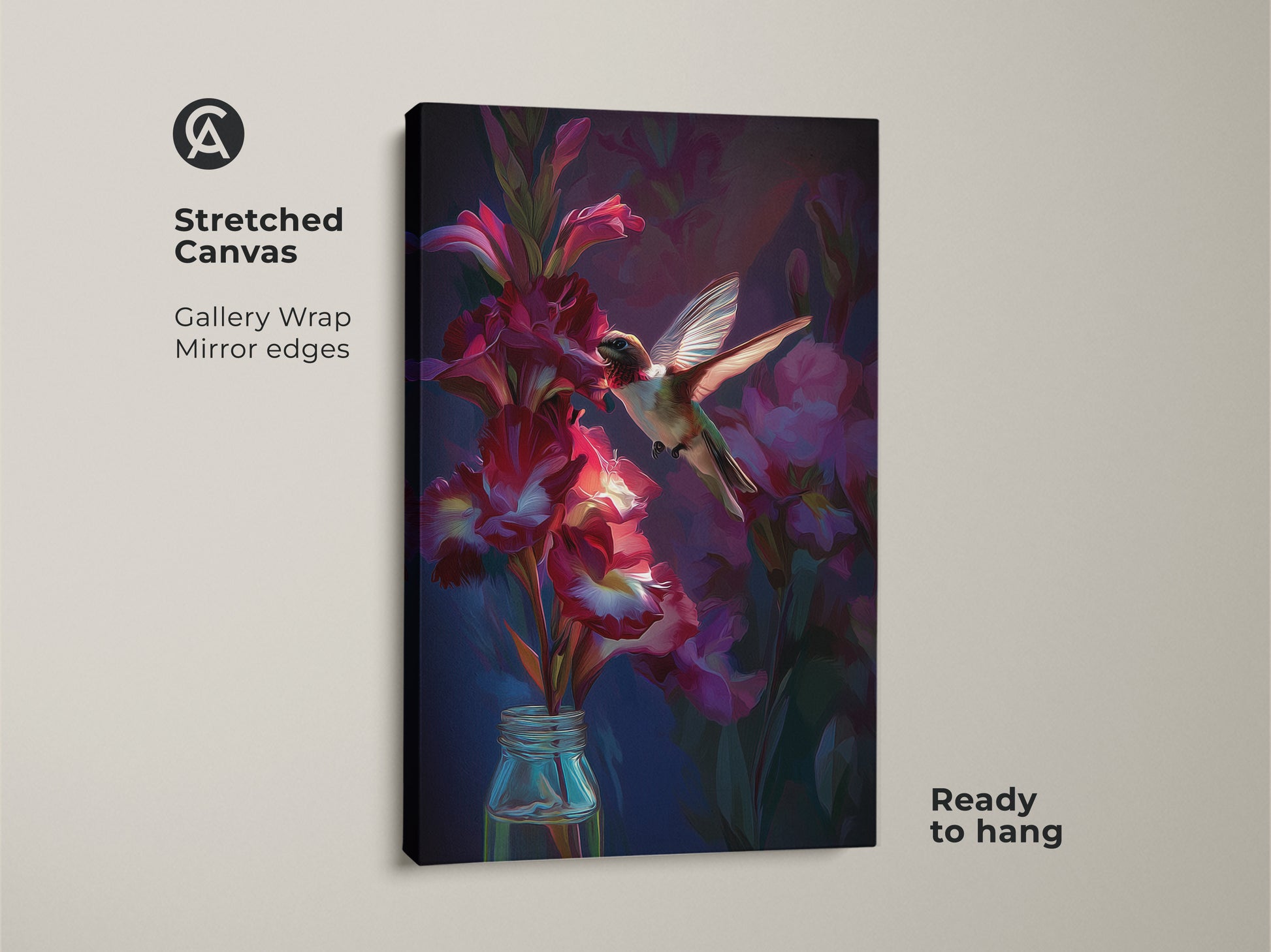 Stretched canvas print of a hummingbird hovering by crimson gladiolus flowers. This gallery-wrapped canvas with mirrored edges is ready to hang. It is a painterly bird painting perfect as nature-inspired wall decor.