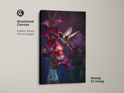 Stretched canvas print of a hummingbird hovering by crimson gladiolus flowers. This gallery-wrapped canvas with mirrored edges is ready to hang. It is a painterly bird painting perfect as nature-inspired wall decor.