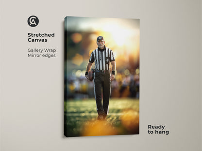 Stretched canvas art of a football referee. The gallery wrap offers mirror edges. Ready to hang this artwork in your man cave. It’s ideal sports action photography for any football enthusiast.