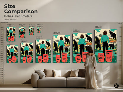 Size comparison of surreal bear and coffee mug art prints. See how different sizes fit above a couch. Compare inches and centimeters for canvas and posters. This retro-style teal and orange wall decor will make a unique housewarming gift for coffee lovers.