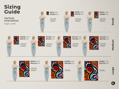 Sizing Guide showcasing a vertical orientation for canvas and poster prints. The sizes range from small medium and large. Each features geometric art in a mid-century modern style. This abstract artwork of red orange and blue suits diverse decor needs for home or office.