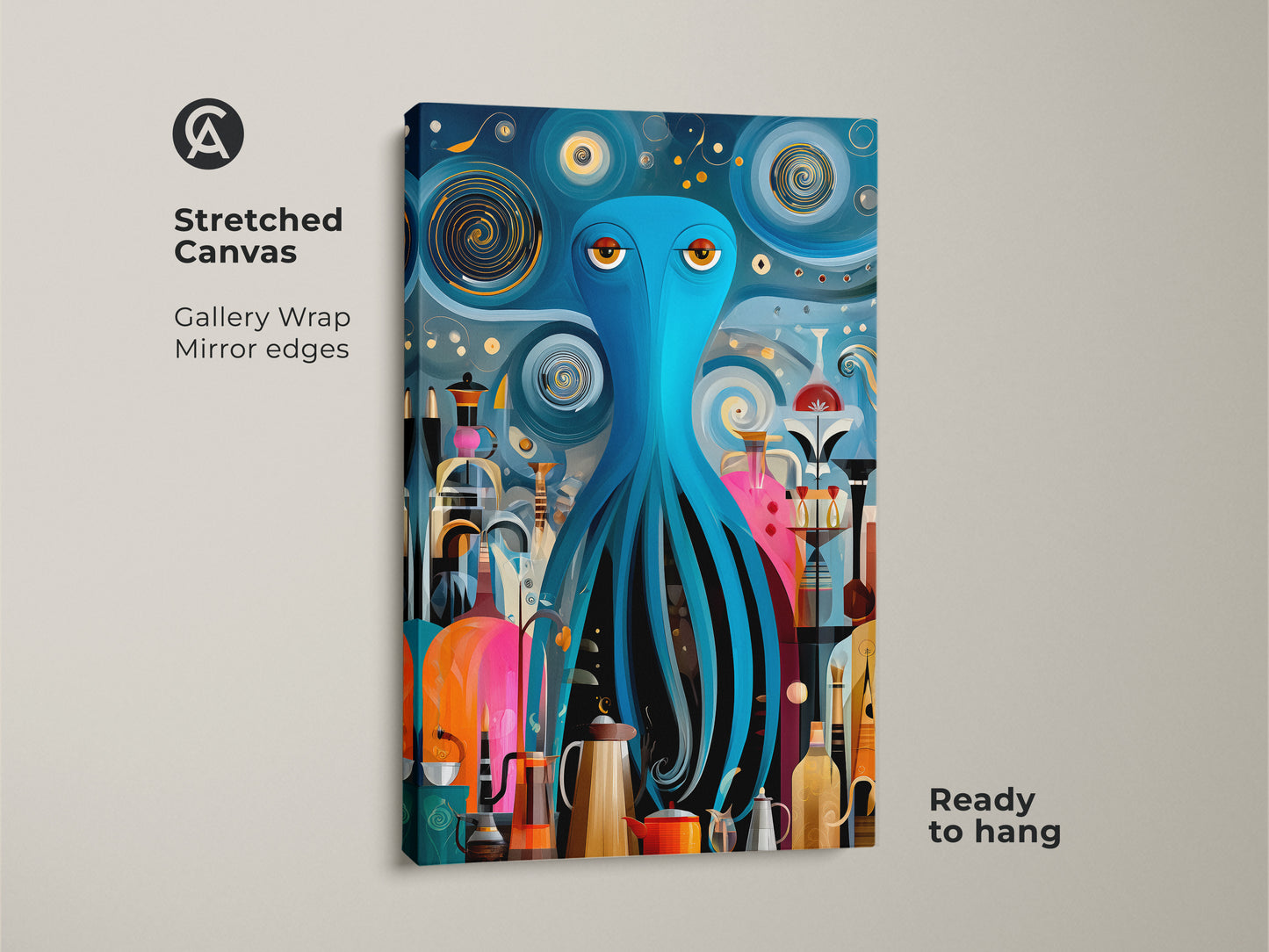 This stretched canvas features a mid-century modern octopus art print. The teal and orange palette with blue accents brings an eclectic vibe. The gallery wrap and mirror edges enhance the abstract kitchen wall decor. Ready to hang this surreal octopus artwork is a unique gift for coffee lovers adding retro charm.