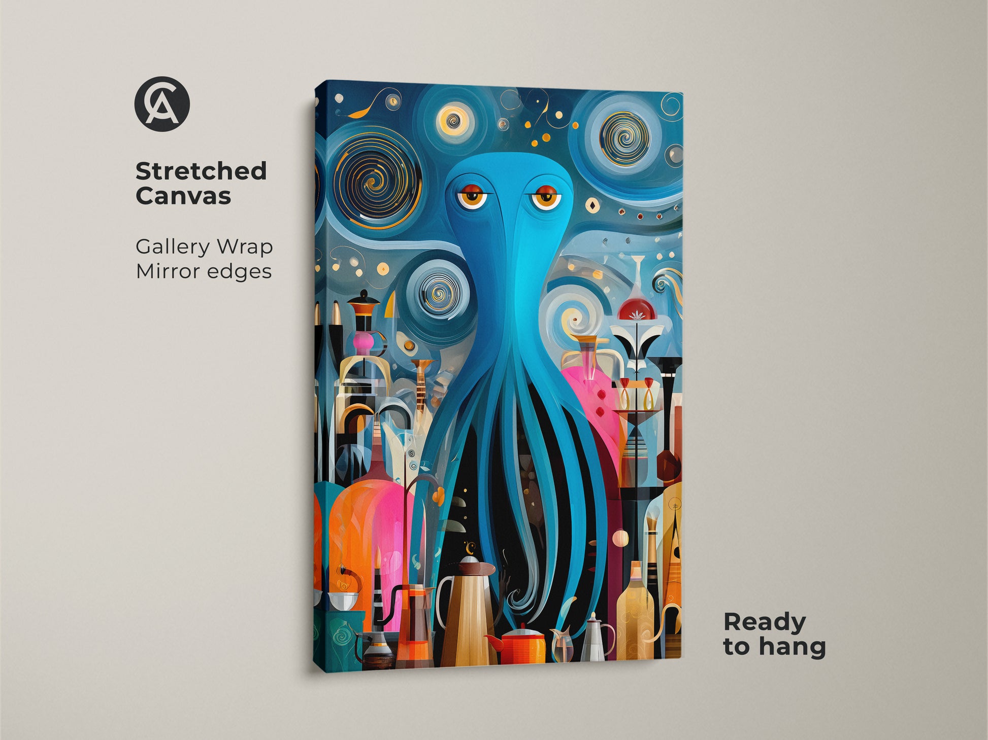 This stretched canvas features a mid-century modern octopus art print. The teal and orange palette with blue accents brings an eclectic vibe. The gallery wrap and mirror edges enhance the abstract kitchen wall decor. Ready to hang this surreal octopus artwork is a unique gift for coffee lovers adding retro charm.