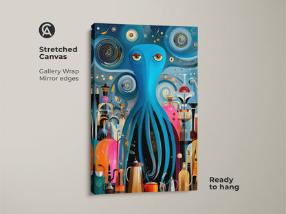 This stretched canvas features a mid-century modern octopus art print. The teal and orange palette with blue accents brings an eclectic vibe. The gallery wrap and mirror edges enhance the abstract kitchen wall decor. Ready to hang this surreal octopus artwork is a unique gift for coffee lovers adding retro charm.