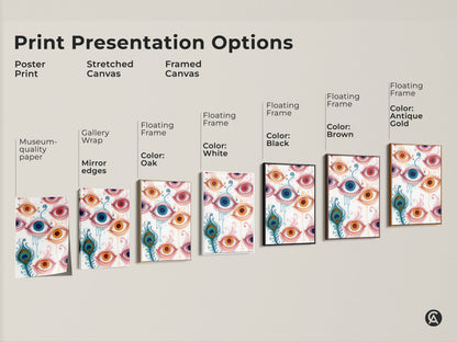 Print options include Poster Print Stretched Canvas and Framed Canvas. Each features the abstract eye artwork. Select a style that matches your taste. Styles are available in different colors.