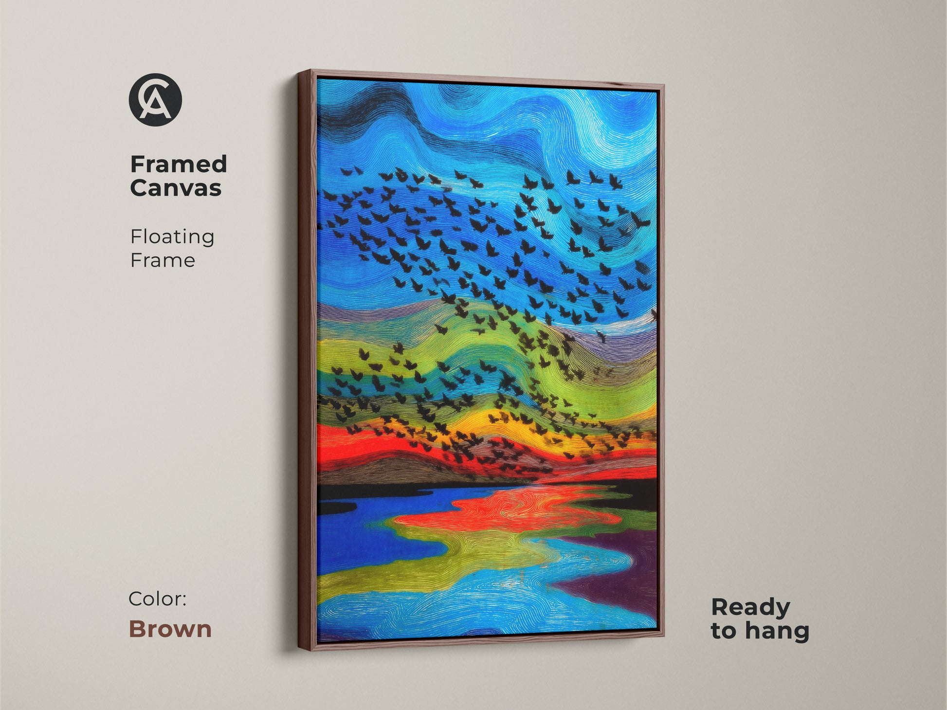 Framed abstract bird canvas art with floating frame in brown. This ready to hang avian painting of a blue red green nature landscape. Eclectic animal artwork that will complement bedroom decor and a great housewarming gift.