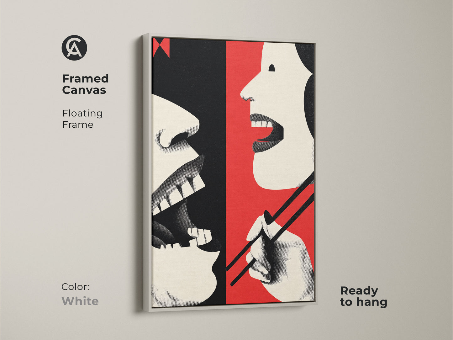 A white framed canvas displays abstract mouth art with chopsticks. Red cream and black colors create a retro kitchen decor. This artwork is a unique dining piece and a great foodie gift. Ready to hang for easy display.