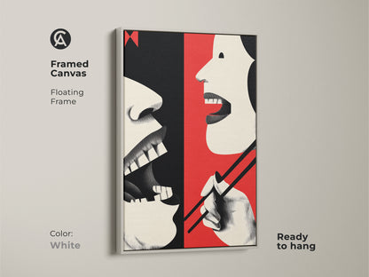 A white framed canvas displays abstract mouth art with chopsticks. Red cream and black colors create a retro kitchen decor. This artwork is a unique dining piece and a great foodie gift. Ready to hang for easy display.